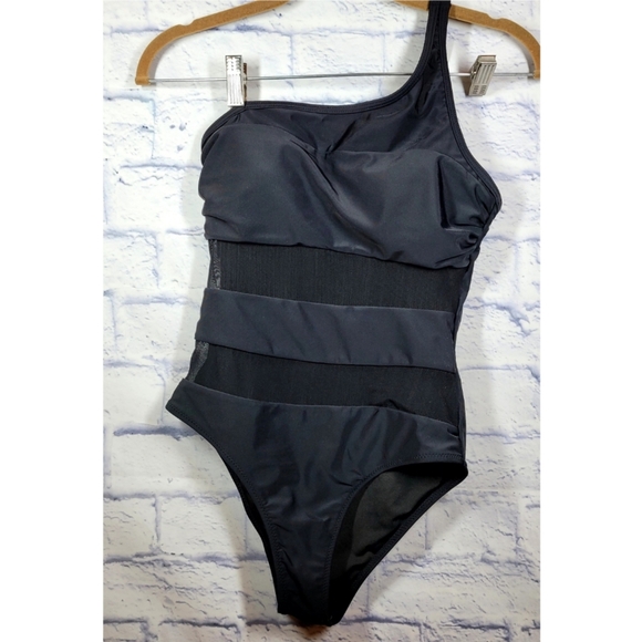 B Swim Black One-Shoulder One-Piece Swimsuit Mesh Detail Size S Vacation Beach - Picture 1 of 7
